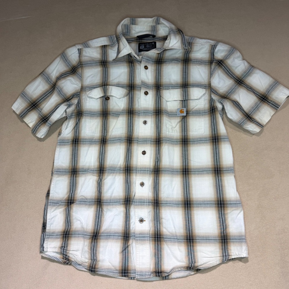 Carhartt Men Loose Fit Plaid Short Sleeve Button Up Shirt Cream Brown Size M